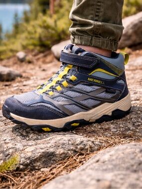 Merrell Moab Speed Mid 2 Kids Waterproof Hiking Boots Blue Gray Yellow Size 3.5